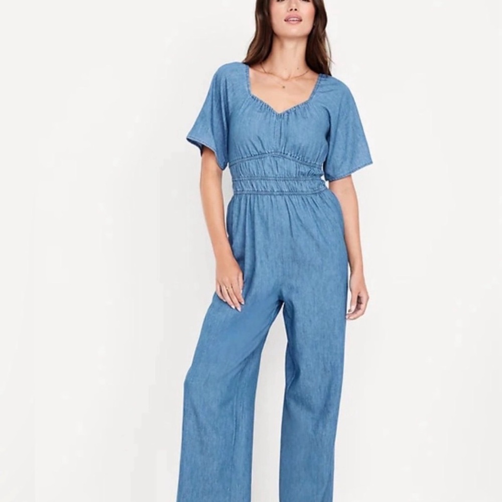 Old Navy Chambray Jumpsuit XXL Wide Leg Smocked Waist Off Shoulder Option